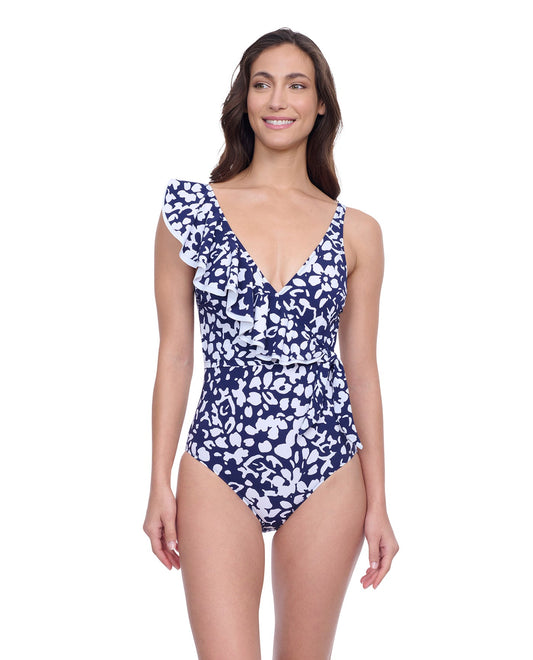 Front View of Profile By Gottex Exclusive V-Neck Surplice Ruffle One Piece Swimsuit | PROFILE POP FLOWER NAVY