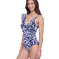 Side View of Profile By Gottex Exclusive V-Neck Surplice Ruffle One Piece Swimsuit | PROFILE POP FLOWER NAVY