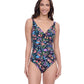 Front View of Profile By Gottex Exclusive D-Cup V-Neck Shirred One Piece Swimsuit | PROFILE FLORA