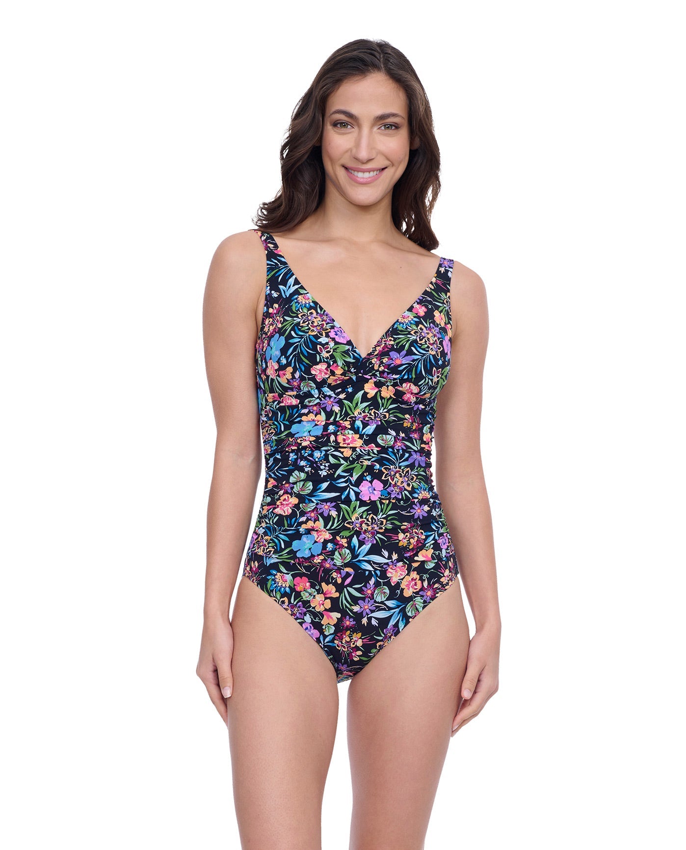 Front View of Profile By Gottex Exclusive D-Cup V-Neck Shirred One Piece Swimsuit | PROFILE FLORA