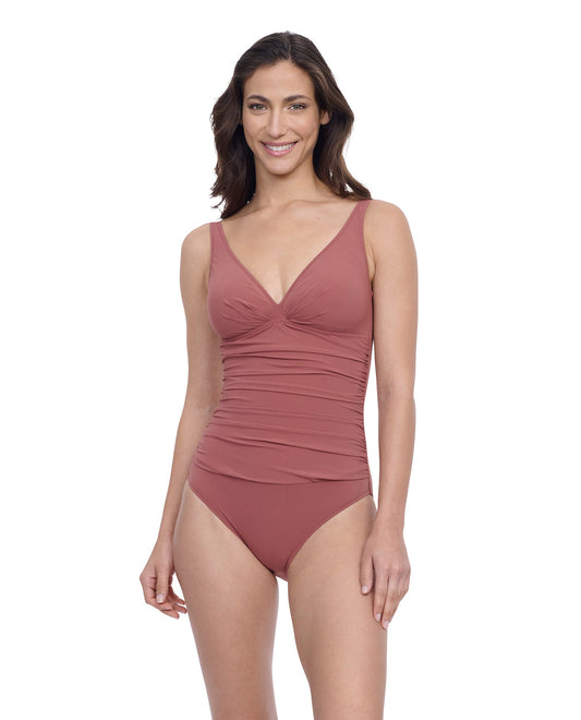 Front View of Profile By Gottex Exclusive D-Cup V-Neck Shirred One Piece Swimsuit | PROFILE ROSE TAUPE