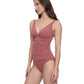 Side View of Profile By Gottex Exclusive D-Cup V-Neck Shirred One Piece Swimsuit | PROFILE ROSE TAUPE