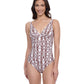 Front View of Profile By Gottex Exclusive D-Cup V-Neck Shirred One Piece Swimsuit | PROFILE IOTA BROWN AND WHITE