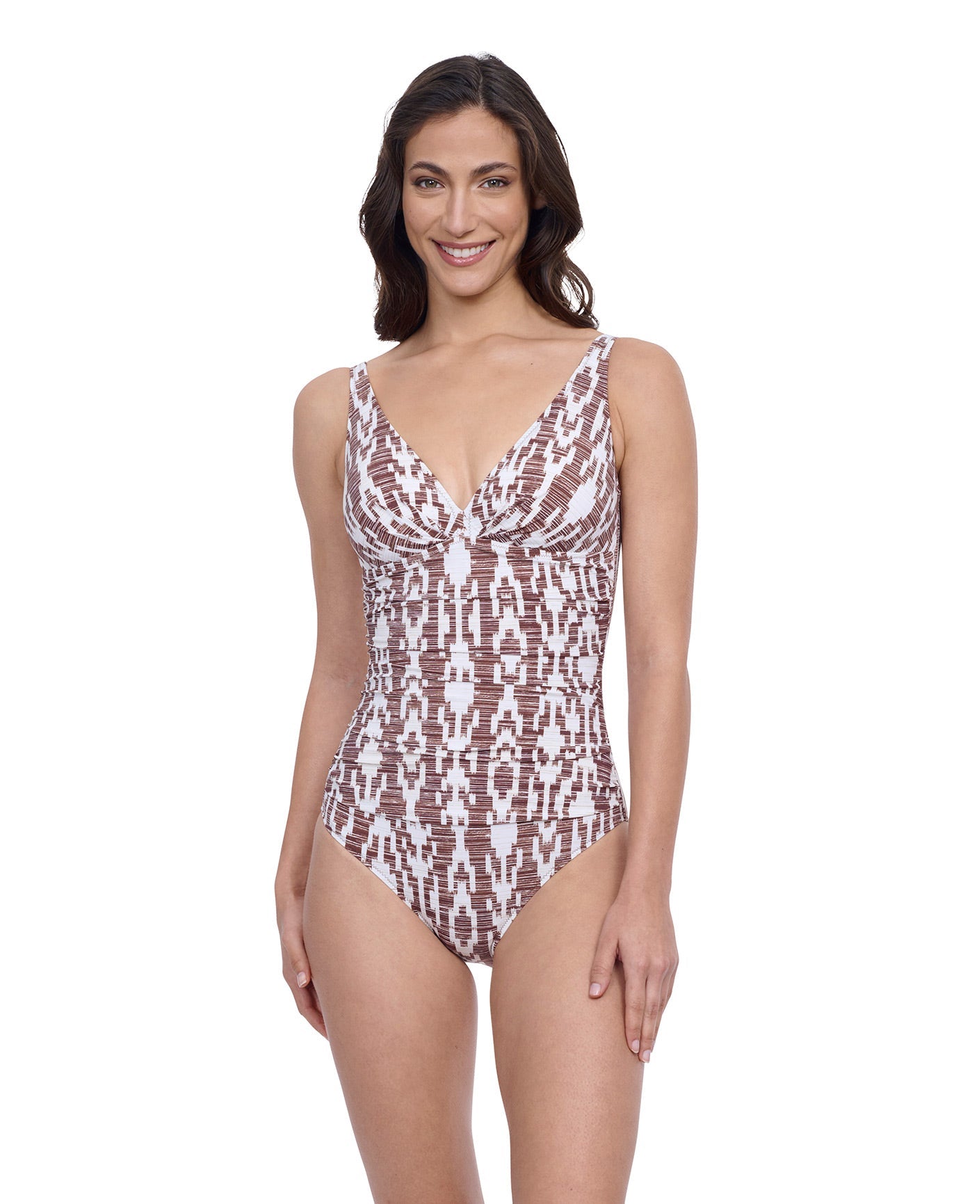 Front View of Profile By Gottex Exclusive D-Cup V-Neck Shirred One Piece Swimsuit | PROFILE IOTA BROWN AND WHITE