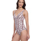 Side View of Profile By Gottex Exclusive D-Cup V-Neck Shirred One Piece Swimsuit | PROFILE IOTA BROWN AND WHITE