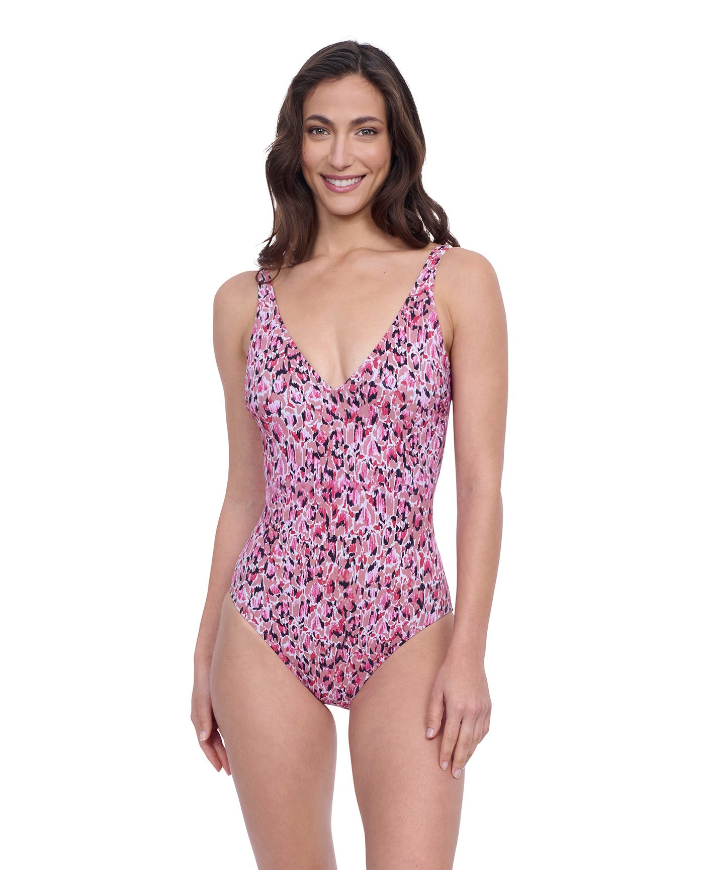 Front View of Profile By Gottex Exclusive V-Neck One Piece Swimsuit | PROFILE PRETTY WILD PINK