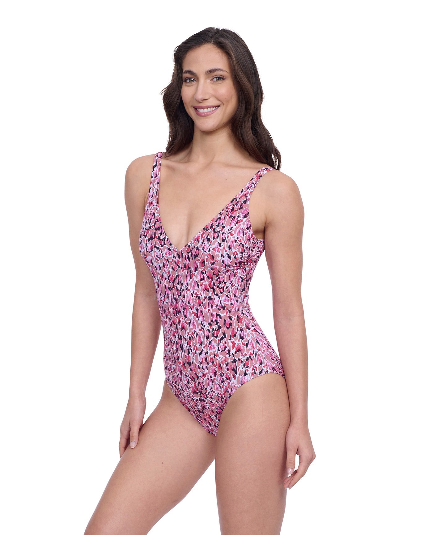 Side View of Profile By Gottex Exclusive V-Neck One Piece Swimsuit | PROFILE PRETTY WILD PINK