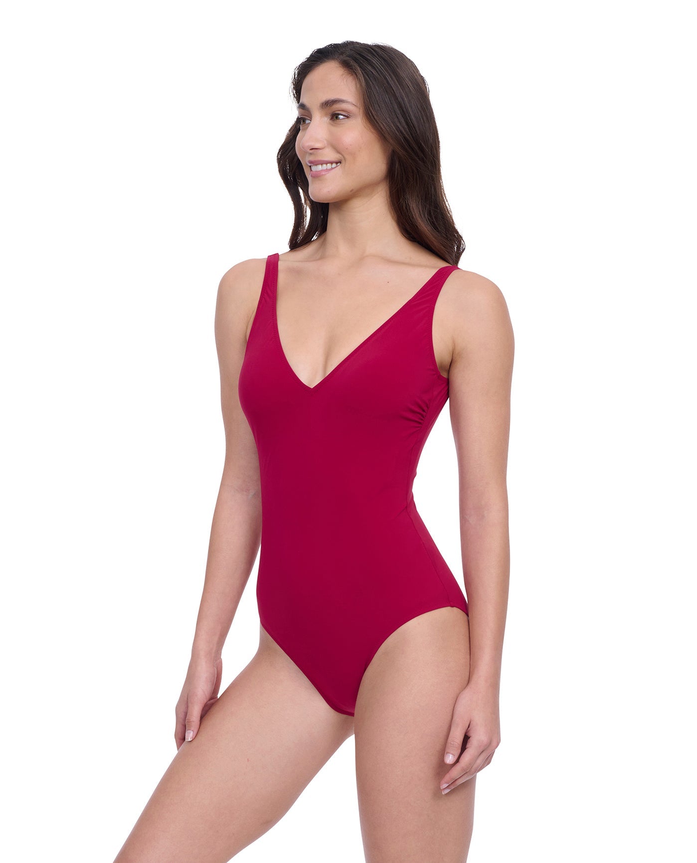 Side View of Profile By Gottex Exclusive V-Neck One Piece Swimsuit | PROFILE RASPBERRY