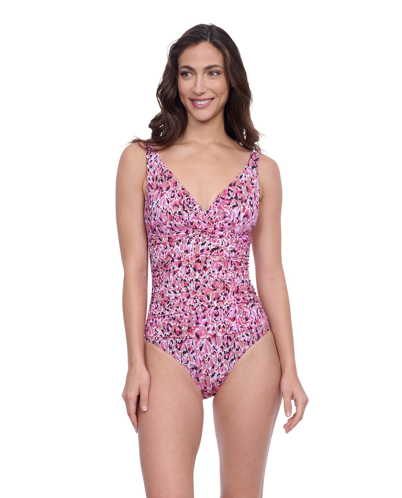 Front View of Profile By Gottex Exclusive V-Neck One Piece Swimsuit | PROFILE PRETTY WILD PINK