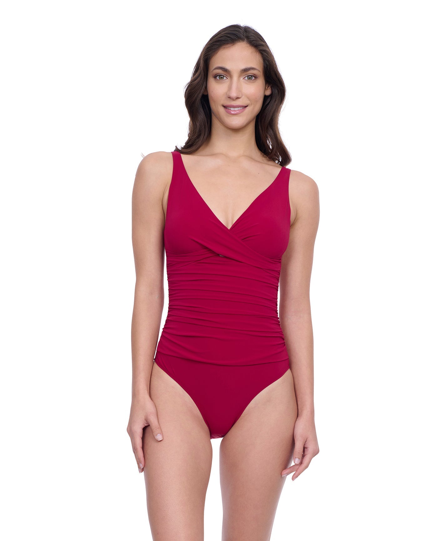 Front View of Profile By Gottex Exclusive V-Neck One Piece Swimsuit | PROFILE RASPBERRY