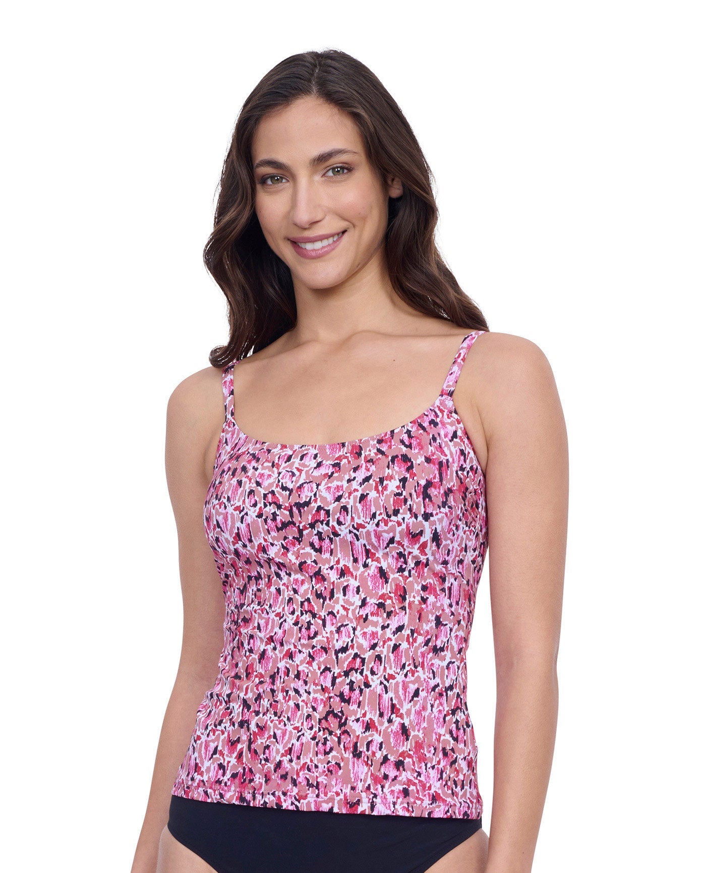 Front View of Profile By Gottex Exclusive Round Neck Tankini Top | PROFILE PRETTY WILD PINK