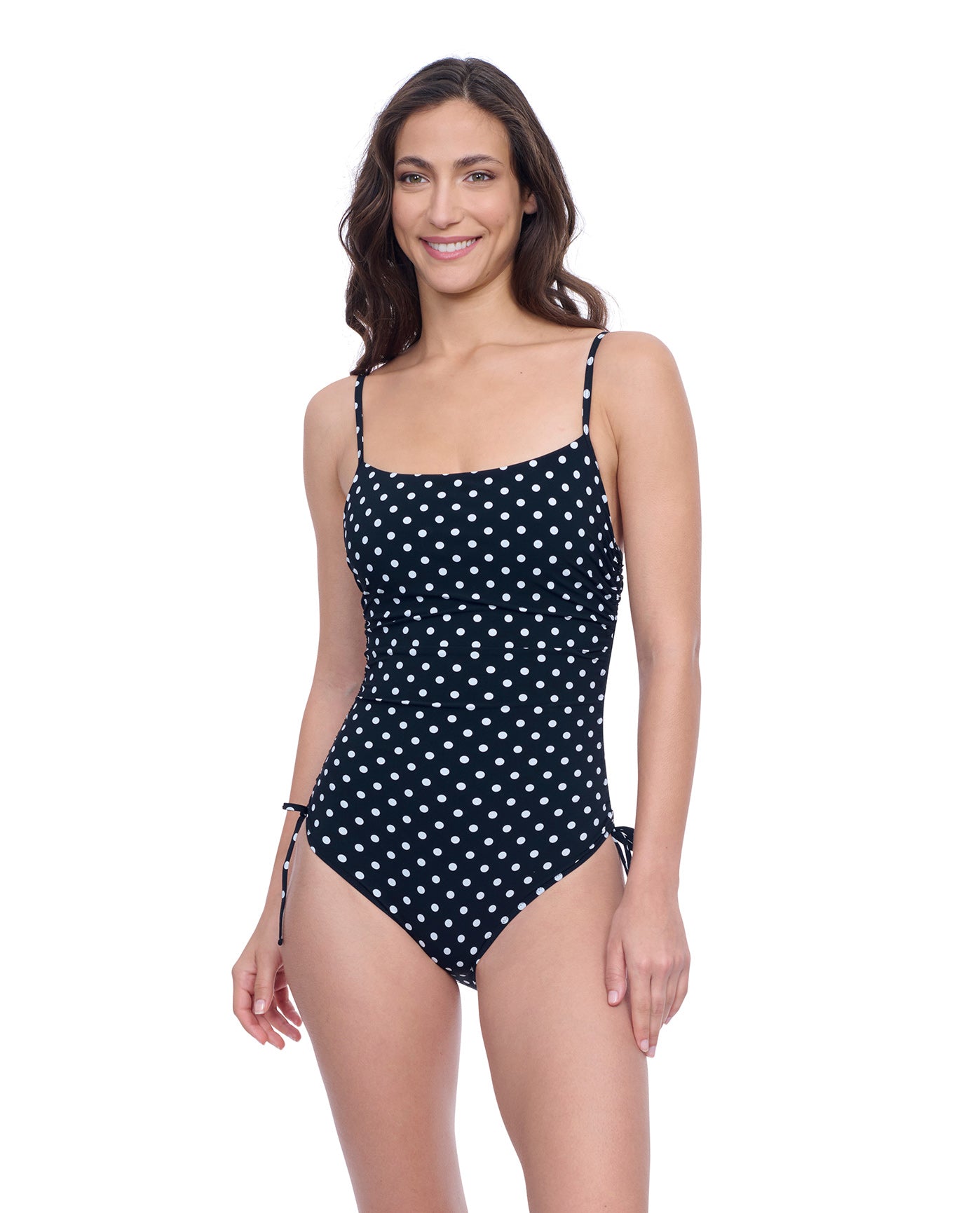 Front View of Profile By Gottex Exclusive C-Cup Underwire Square Neck One Piece Swimsuit | PROFILE BLACK AND WHITE DOTS