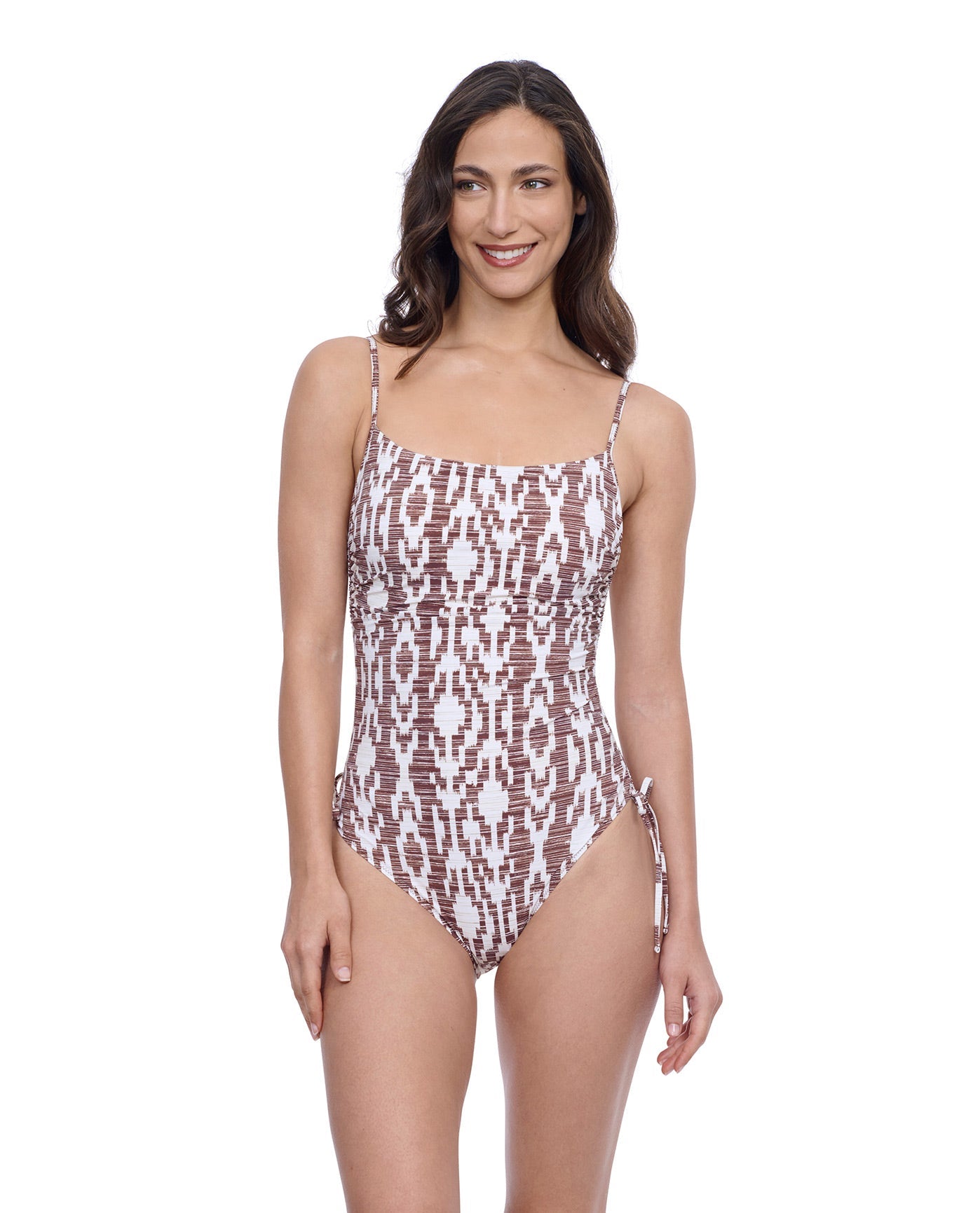 Front View of Profile By Gottex Exclusive C-Cup Underwire Square Neck One Piece Swimsuit | PROFILE IOTA BROWN AND WHITE