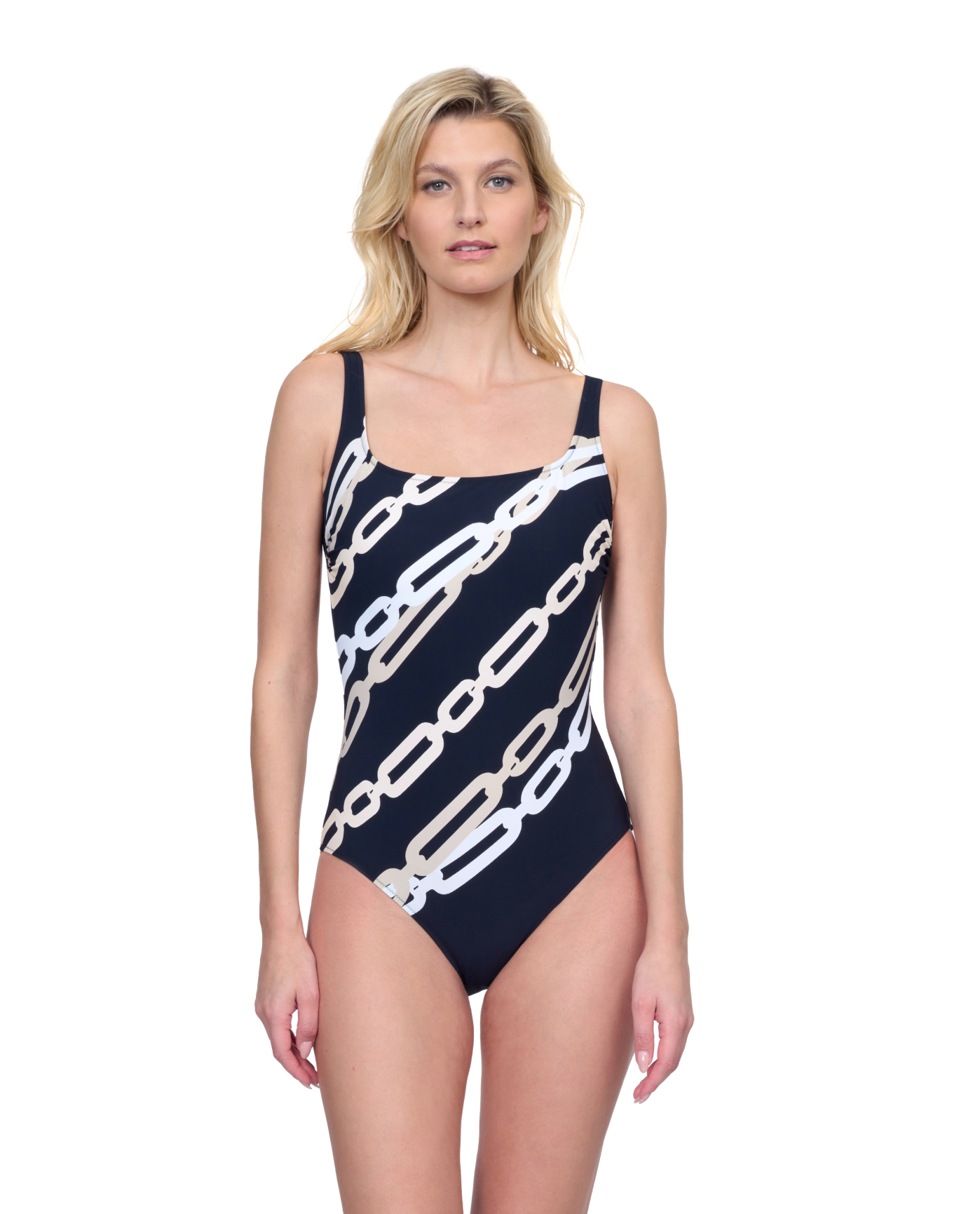 Front View Of Gottex Bejeweled Full Coverage Square Neck One Piece Swimsuit | Gottex Bejeweled Black White Cream