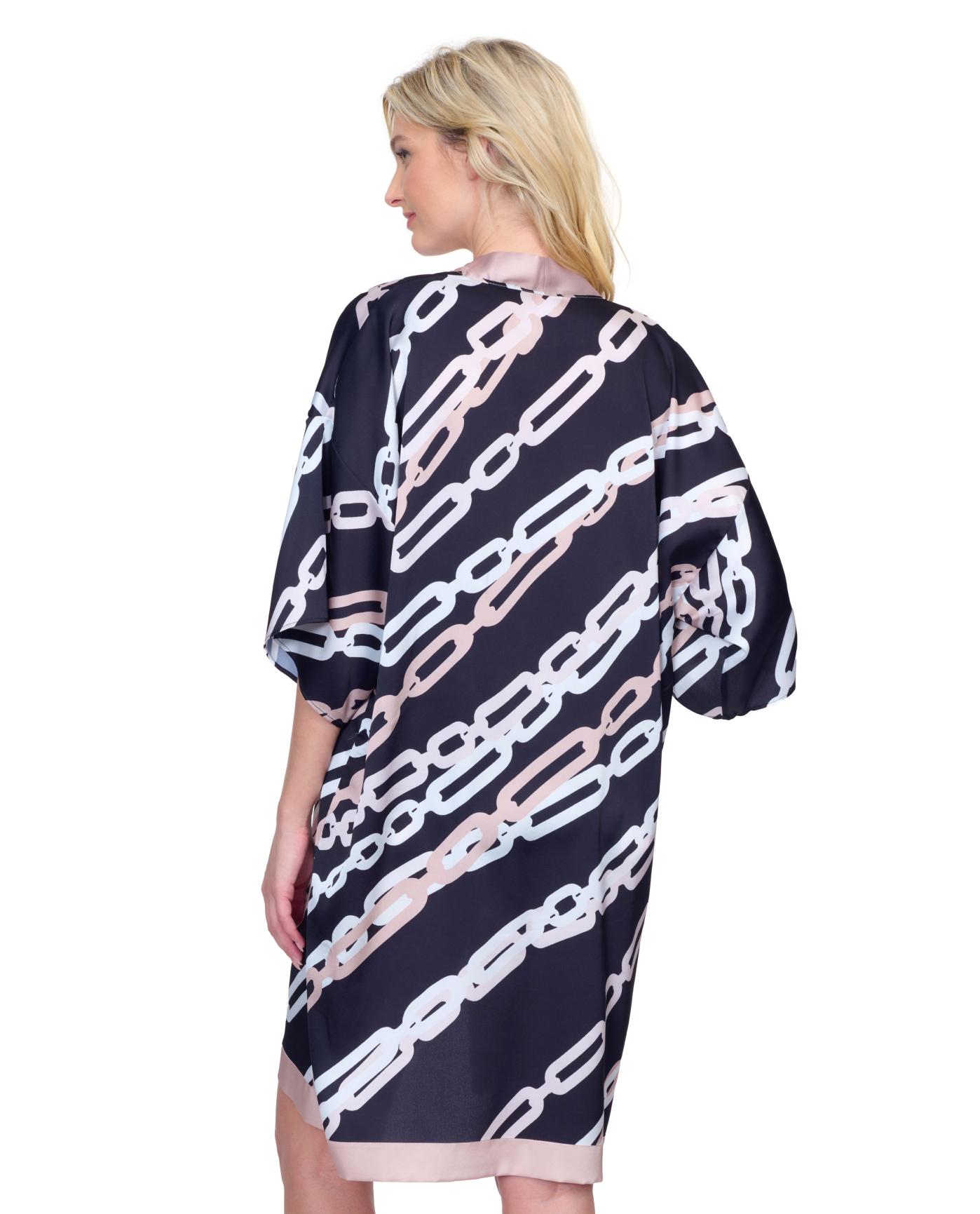 Back View Of Gottex Bejeweled Belted Kimono Flutter Sleeve with Tie Swim Cover up | Gottex Bejeweled Black White Cream