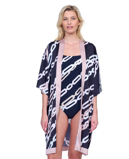 Front View Of Gottex Bejeweled Belted Kimono Flutter Sleeve with Tie Swim Cover up | Gottex Bejeweled Black White Cream