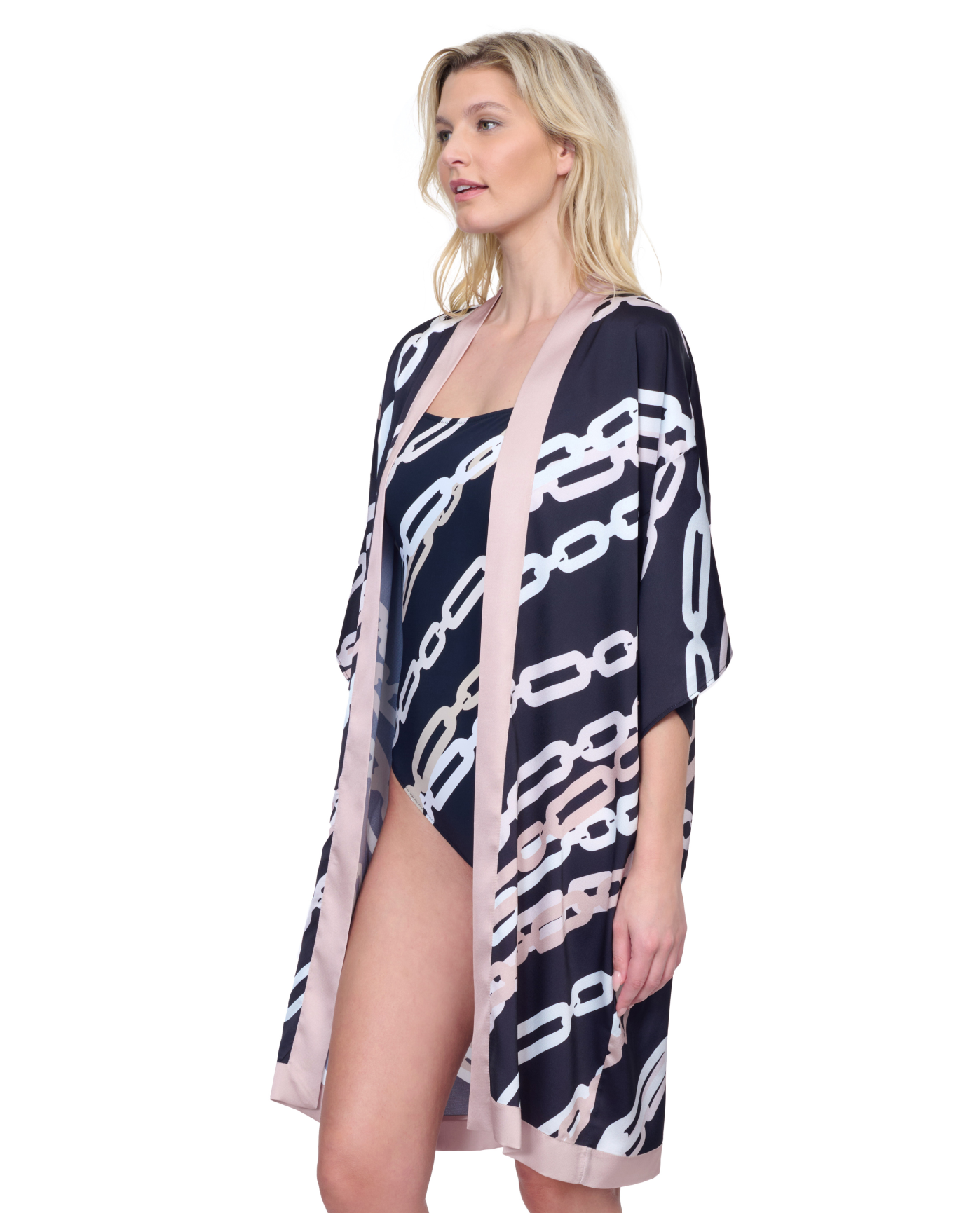 Side View Of Gottex Bejeweled Belted Kimono Flutter Sleeve with Tie Swim Cover up | Gottex Bejeweled Black White Cream