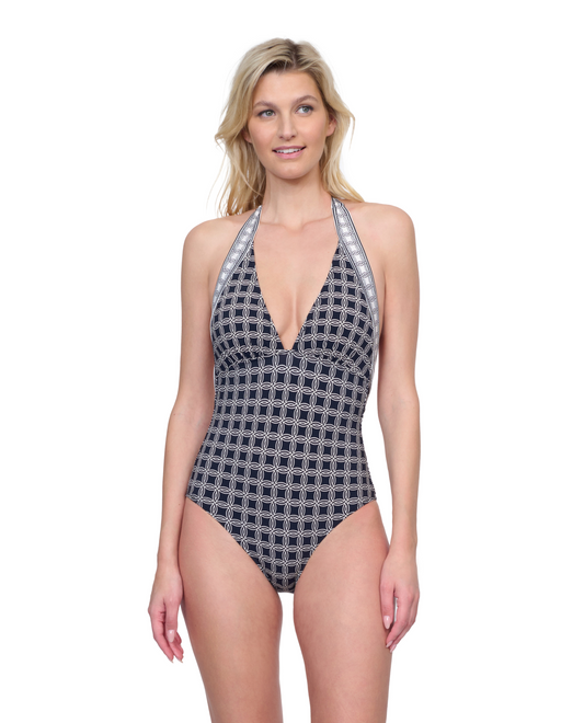 Front View Of Gottex Golden Chic V Neck Halter One Piece Swimsuit | Gottex Golden Chic Black Cream