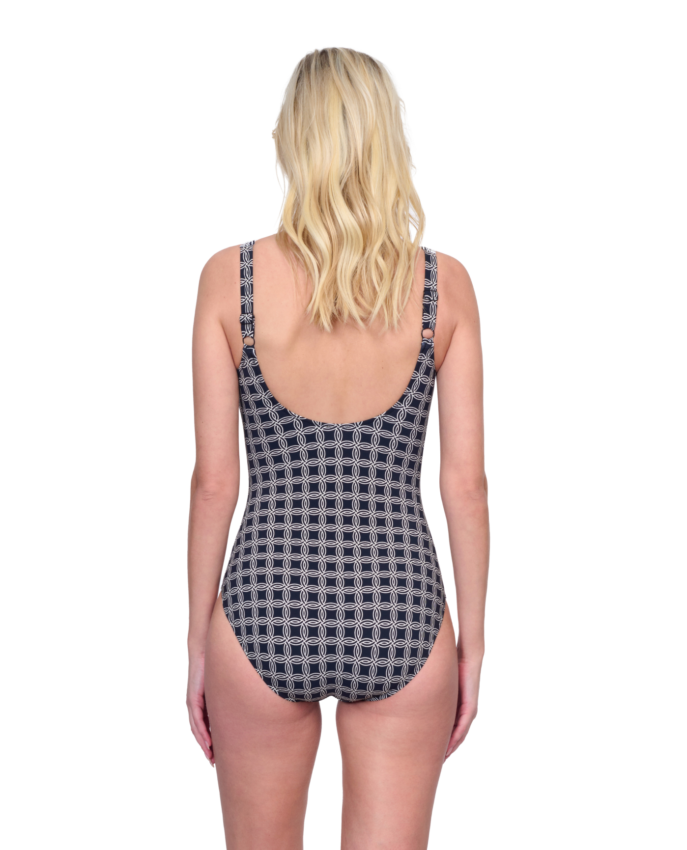 Back View Of Gottex Golden Chic Full Coverage Square Neck One Piece Swimsuit | Gottex Golden Chic Black Cream