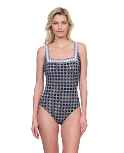 Front View Of Gottex Golden Chic Full Coverage Square Neck One Piece Swimsuit | Gottex Golden Chic Black Cream