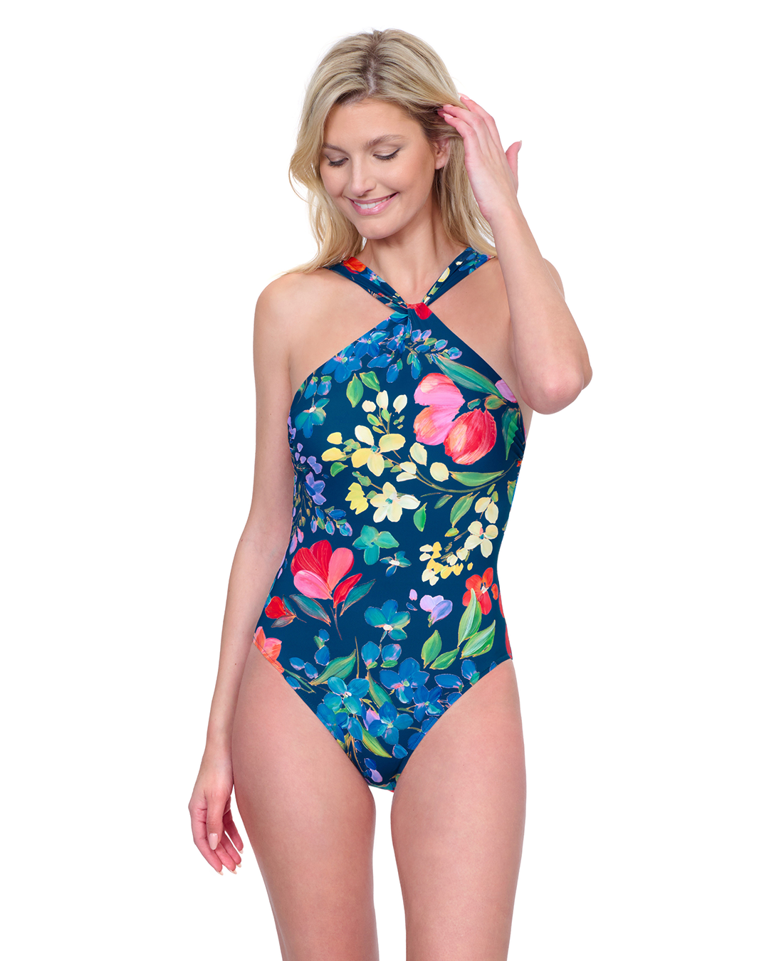 Front View Of Gottex Garden Dream High Neck Twist Halter One Piece Swimsuit | Gottex Garden Dream Navy Multi