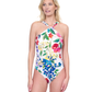 Front View Of Gottex Garden Dream High Neck Twist Halter One Piece Swimsuit | Gottex Garden Dream Off White Multi