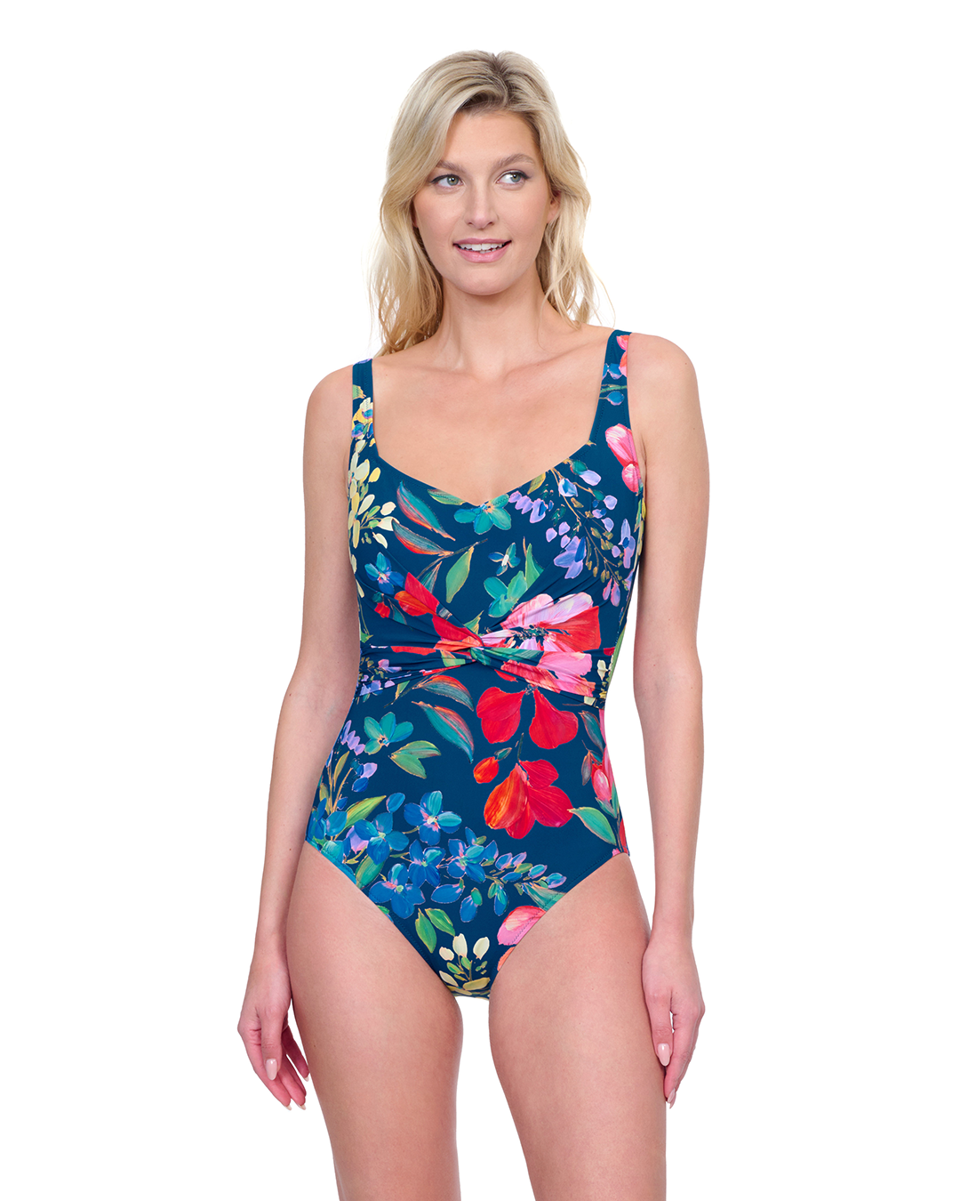 Front View Of Gottex Garden Dream Sweetheart Neck One Piece Swimsuit | Gottex Garden Dream Navy Multi