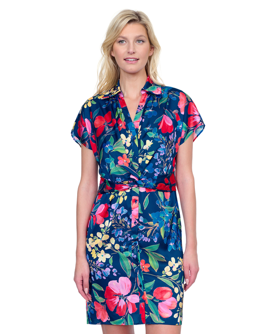 Front View Of Gottex Garden Dream Button Down Shirt Dress Cover Up | Gottex Garden Dream Navy Multi