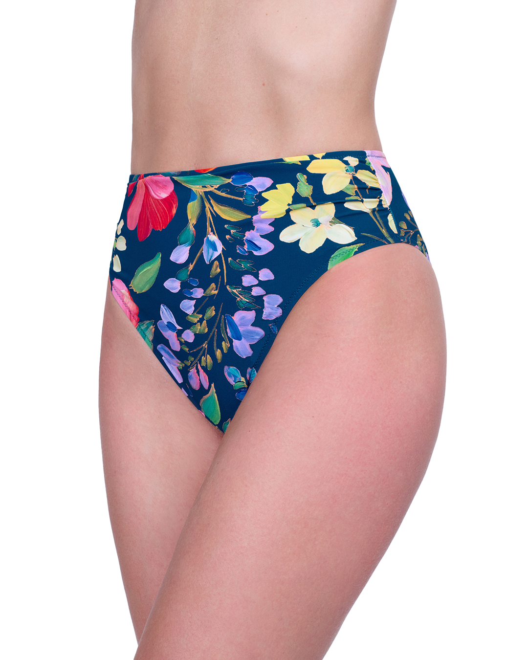 Side View Of Gottex Garden Dream High Waist Swim Bottom | Gottex Garden Dream Navy Multi