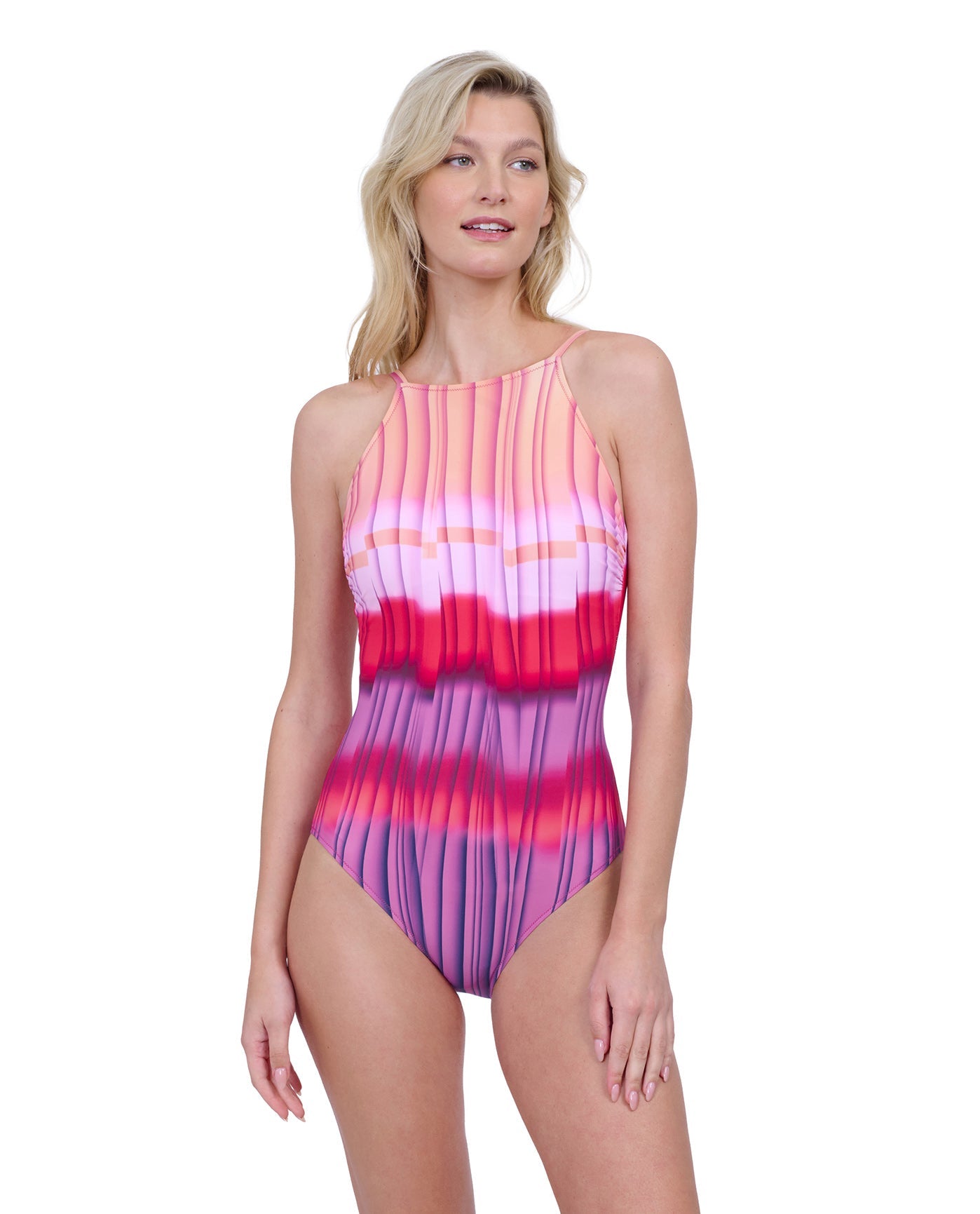 Front View Of Gottex Golden Hour High Neck Halter One Piece Swimsuit | GOTTEX GOLDEN HOUR PINK