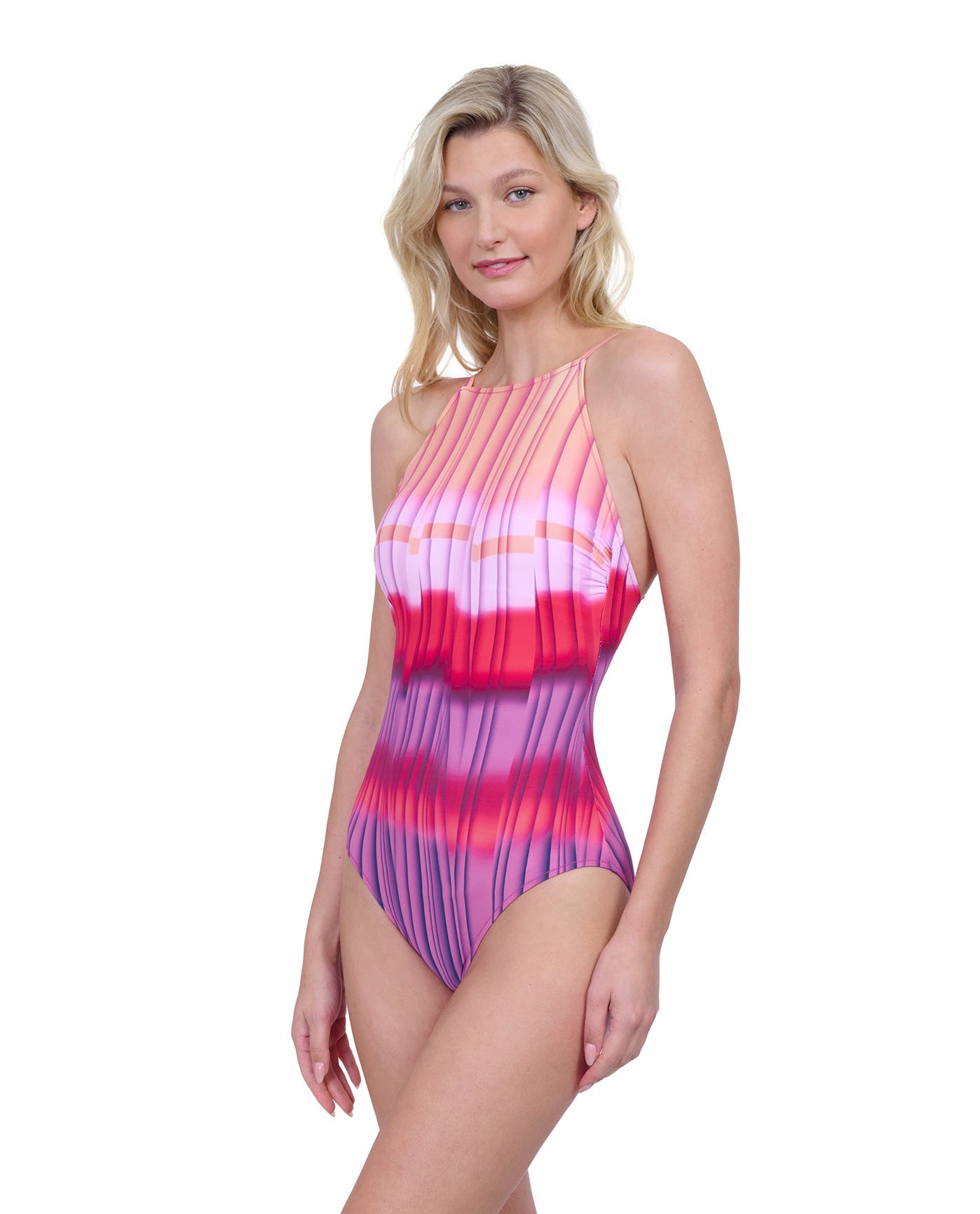 Side View Of Gottex Golden Hour High Neck Halter One Piece Swimsuit | GOTTEX GOLDEN HOUR PINK