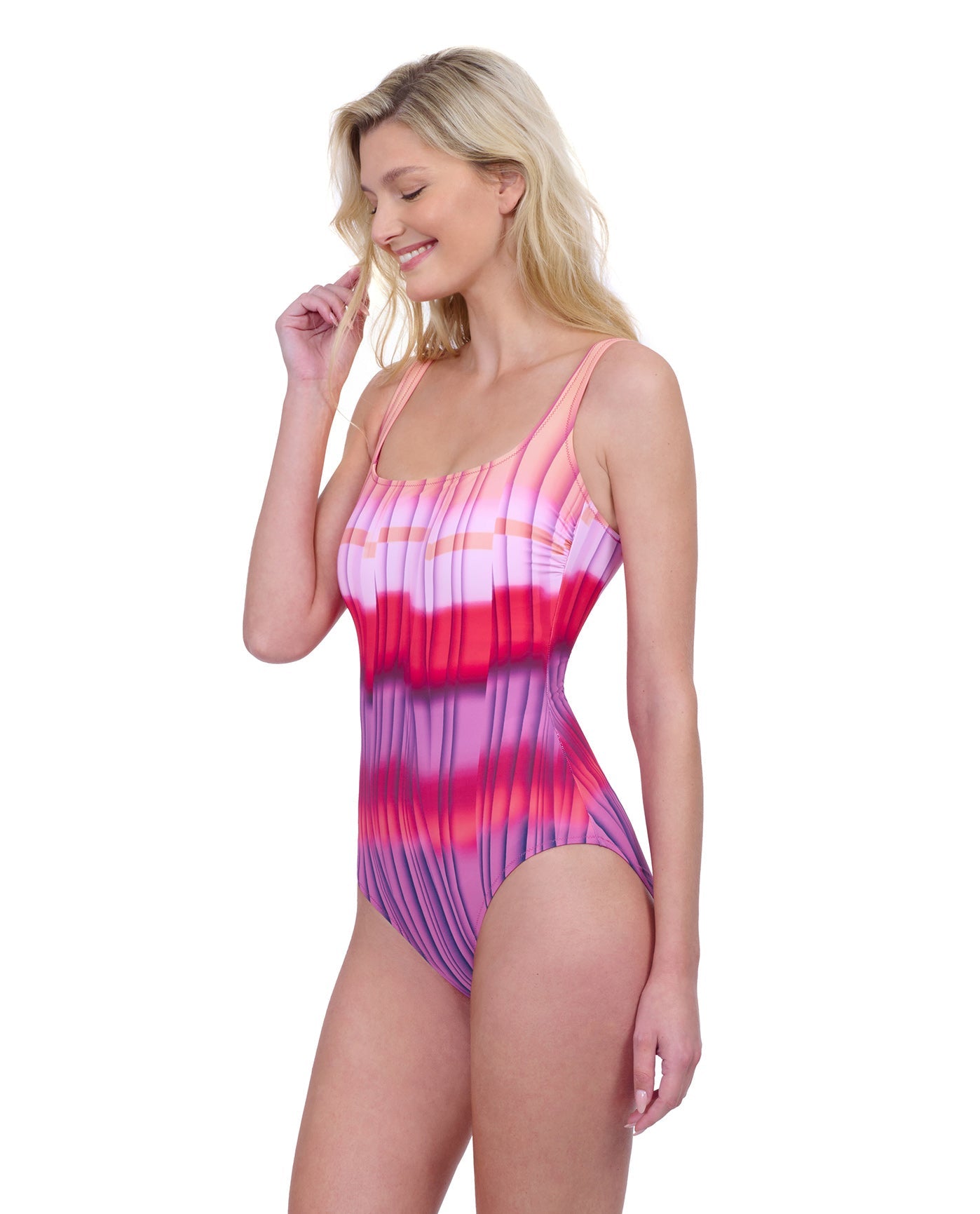 Side View Of Gottex Golden Hour Full Coverage Square Neck One Piece Swimsuit | GOTTEX GOLDEN HOUR PINK