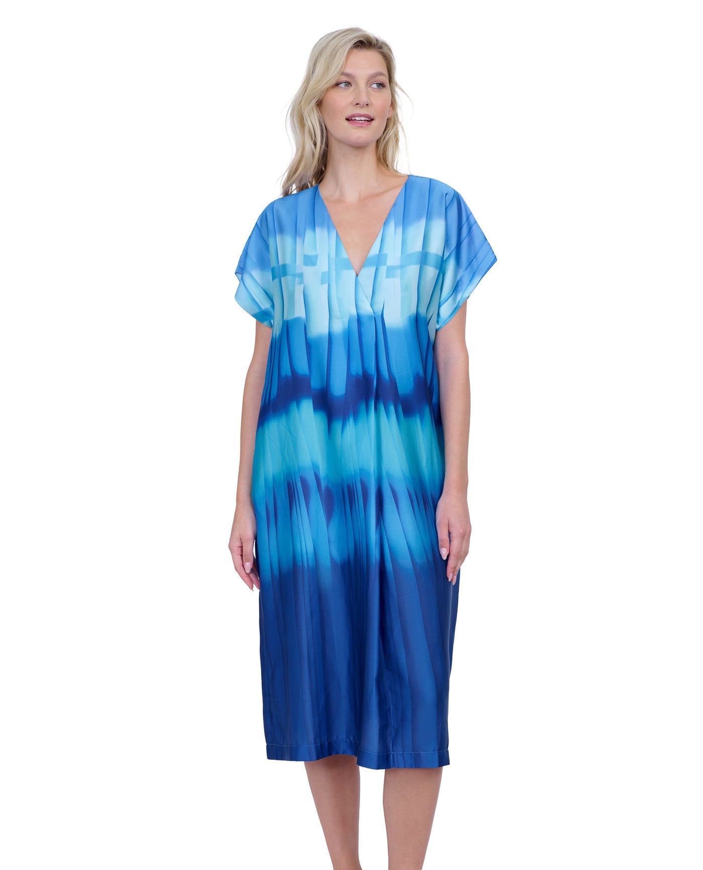 Front View Of Gottex Golden Hour V-Neck Long Tunic Cover Up | GOTTEX GOLDEN HOUR BLUE