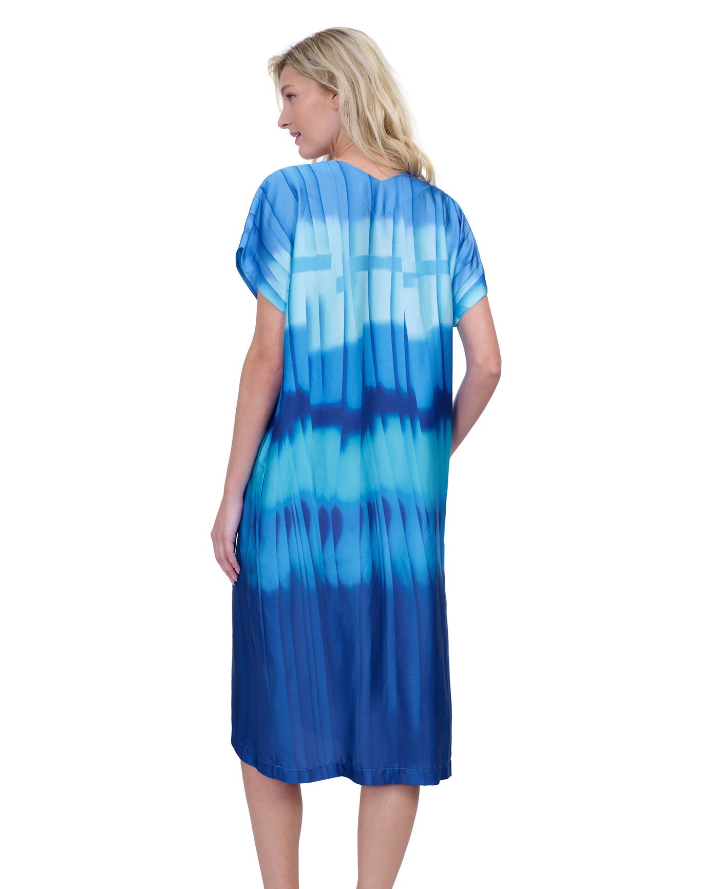 Back View Of Gottex Golden Hour V-Neck Long Tunic Cover Up | GOTTEX GOLDEN HOUR BLUE