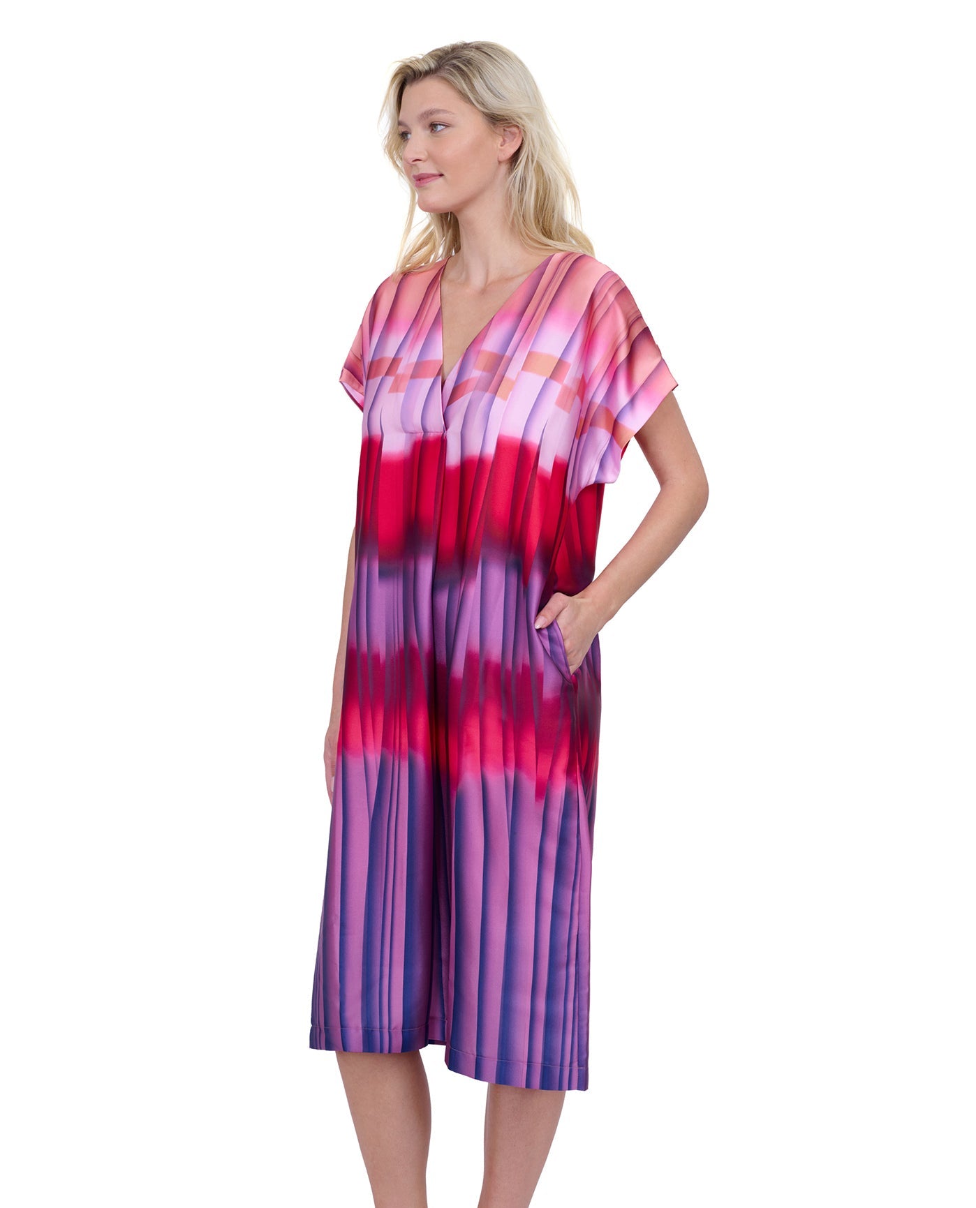 Side View View Of Gottex Golden Hour V-Neck Long Tunic Cover Up | GOTTEX GOLDEN HOUR PINK