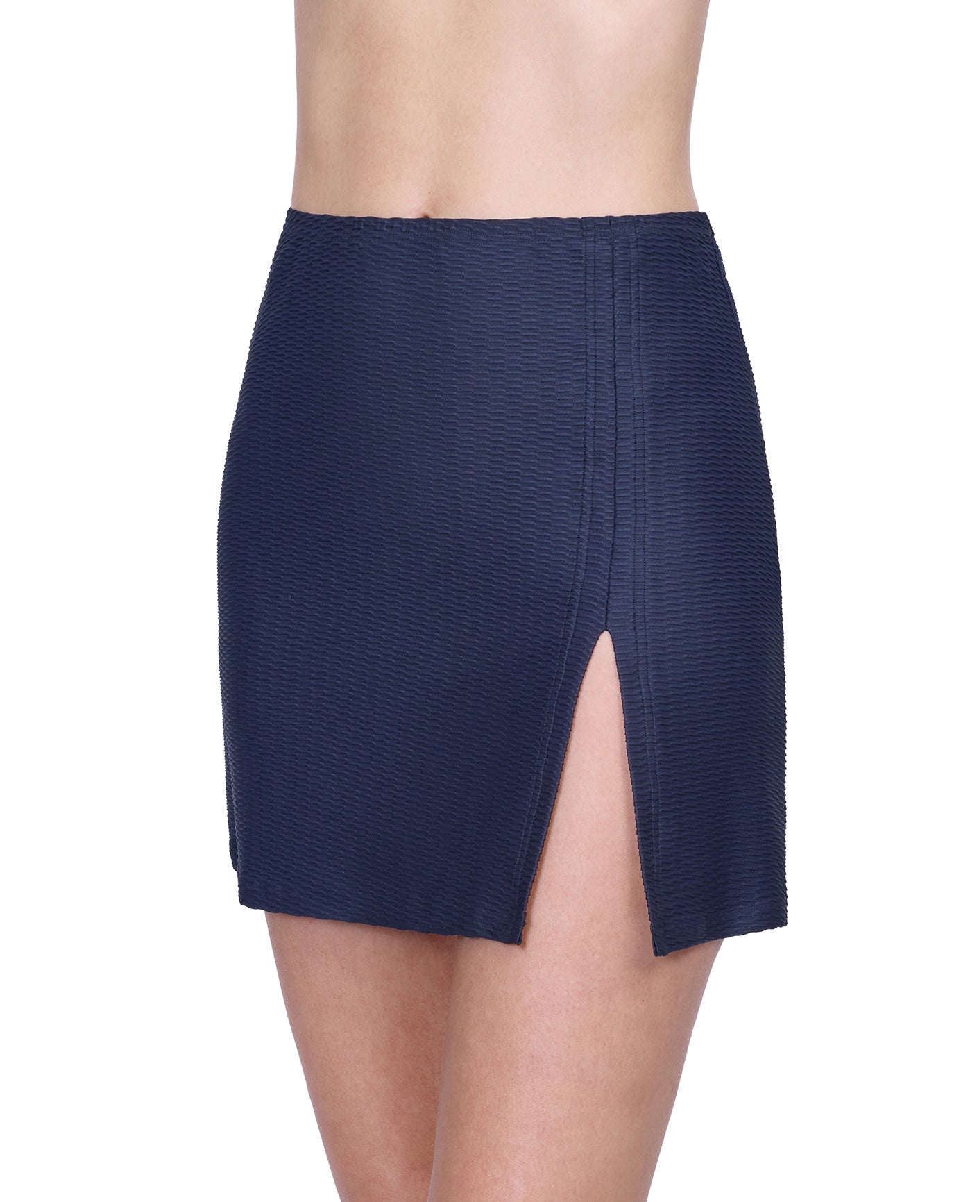 Side View Of Gottex Harbourside Textured Cover Up Mini Skirt With Slit | GOTTEX HARBOURSIDE BLACK