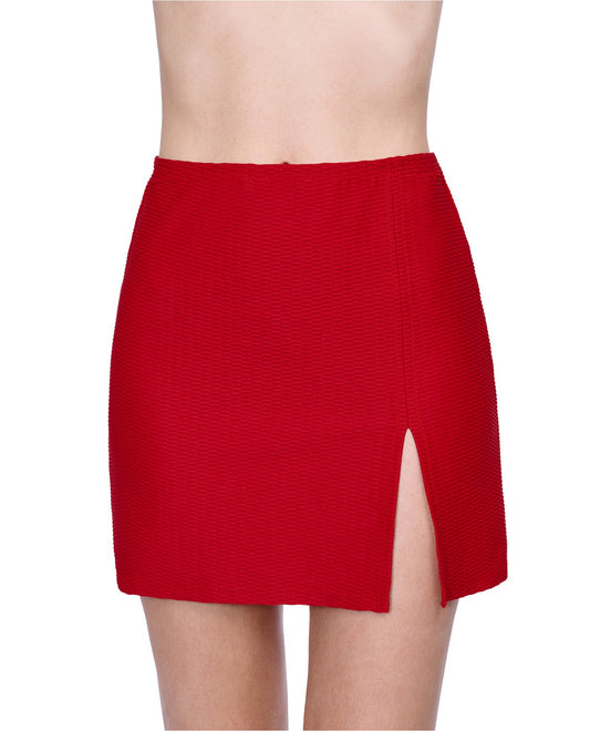 Front View Of Gottex Harbourside Textured Cover Up Mini Skirt With Slit | GOTTEX HARBOURSIDE RUBY