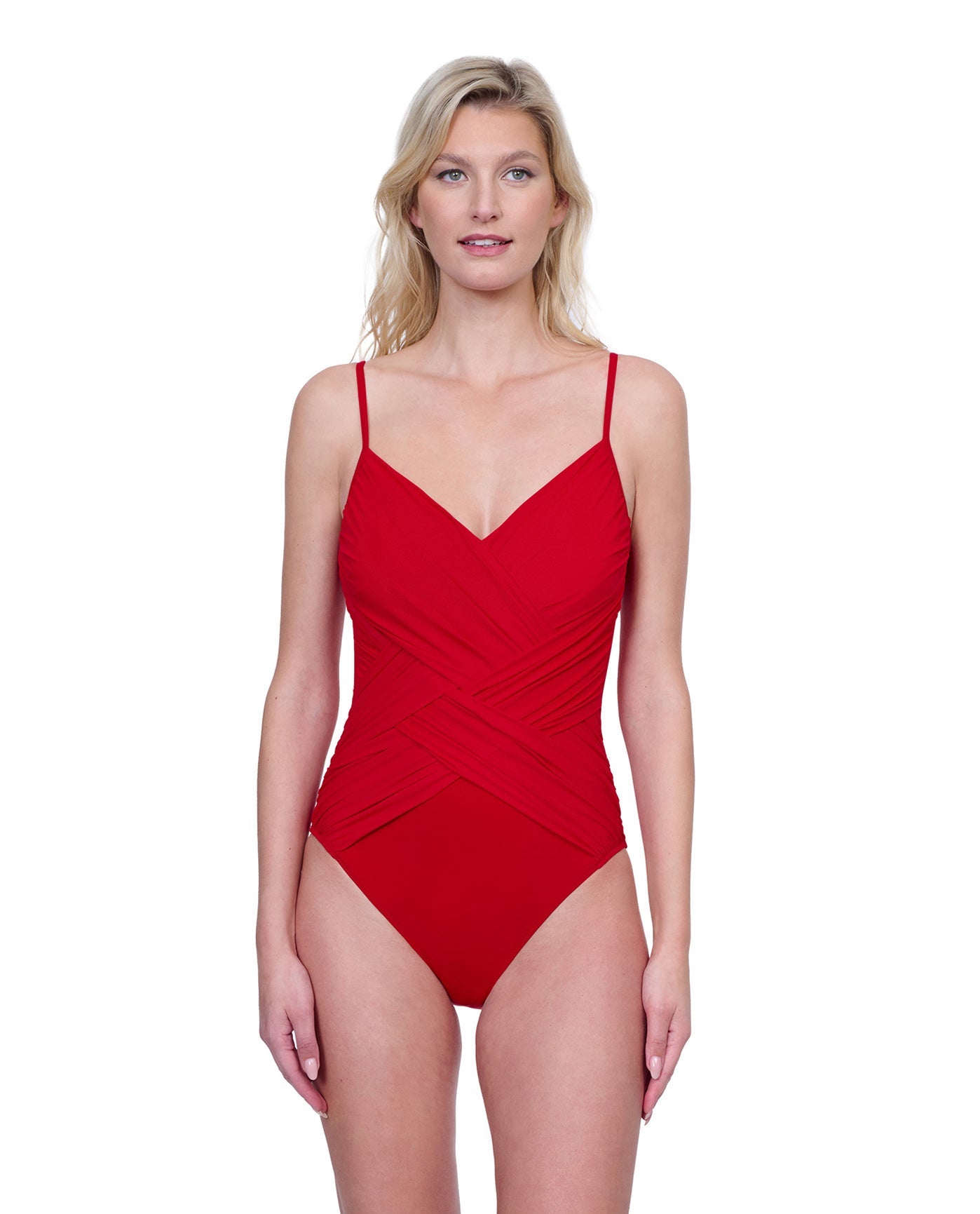 Front View Of Gottex Lattice V-Neck One Piece Swimsuit | GOTTEX LATTICE RED