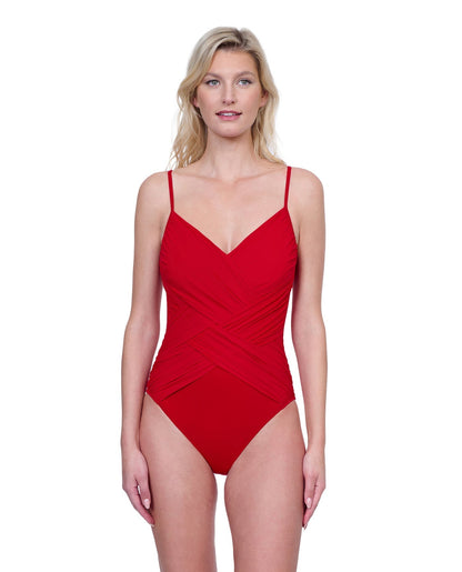 Front View Of Gottex Lattice V-Neck One Piece Swimsuit | GOTTEX LATTICE RED