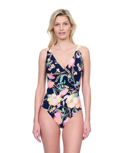 Front View Of Gottex Memories of Capri Surplice One Piece Swimsuit | Gottex Memories of Capri Black Multi