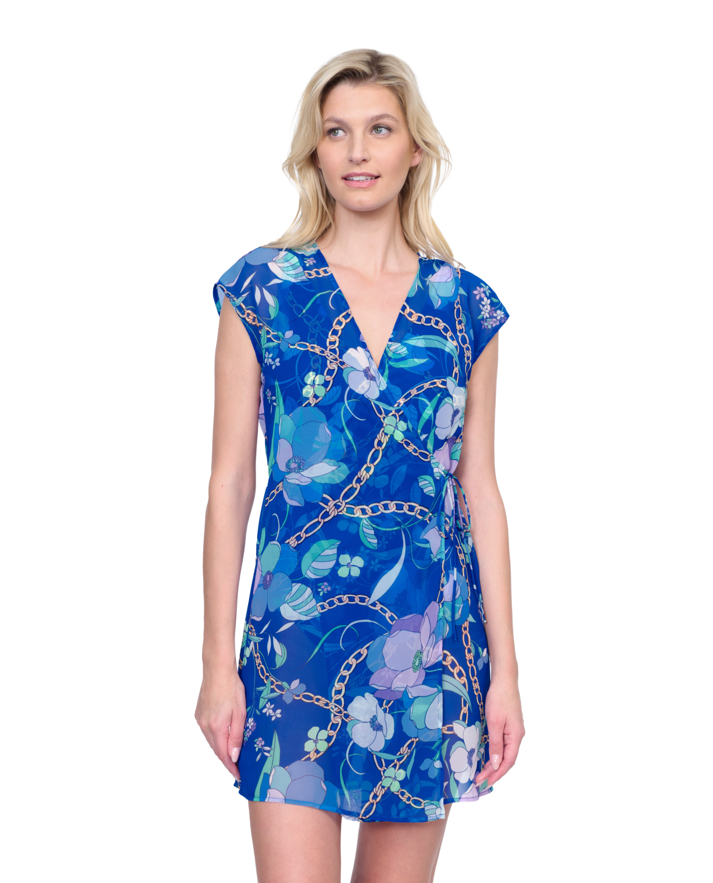 Front View Of Gottex Memories of Capri Short Surplice Wrap Dress Swim Cover up | Gottex Memories of Capri Blue Multi