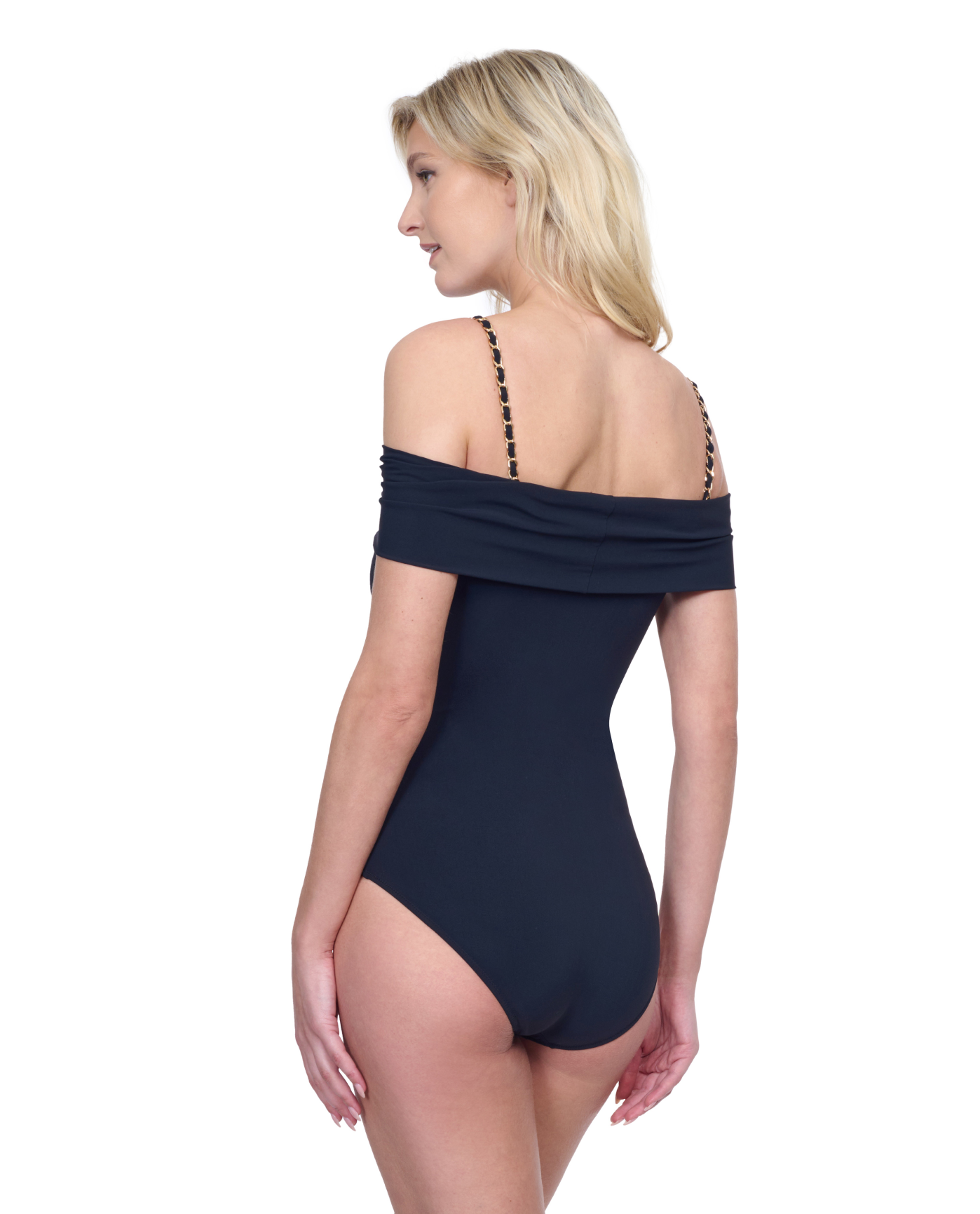 Back View Of Gottex Montecarlo Off Shoulder with buttons details One Piece Swimsuit | Gottex Montecarlo Black