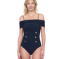 Front View Of Gottex Montecarlo Off Shoulder with buttons details One Piece Swimsuit | Gottex Montecarlo Black