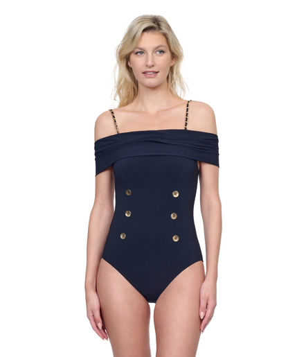 Front View Of Gottex Montecarlo Off Shoulder with buttons details One Piece Swimsuit | Gottex Montecarlo Black