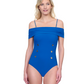 Front View Of Gottex Montecarlo Off Shoulder with buttons details One Piece Swimsuit | Gottex Montecarlo Cobalt