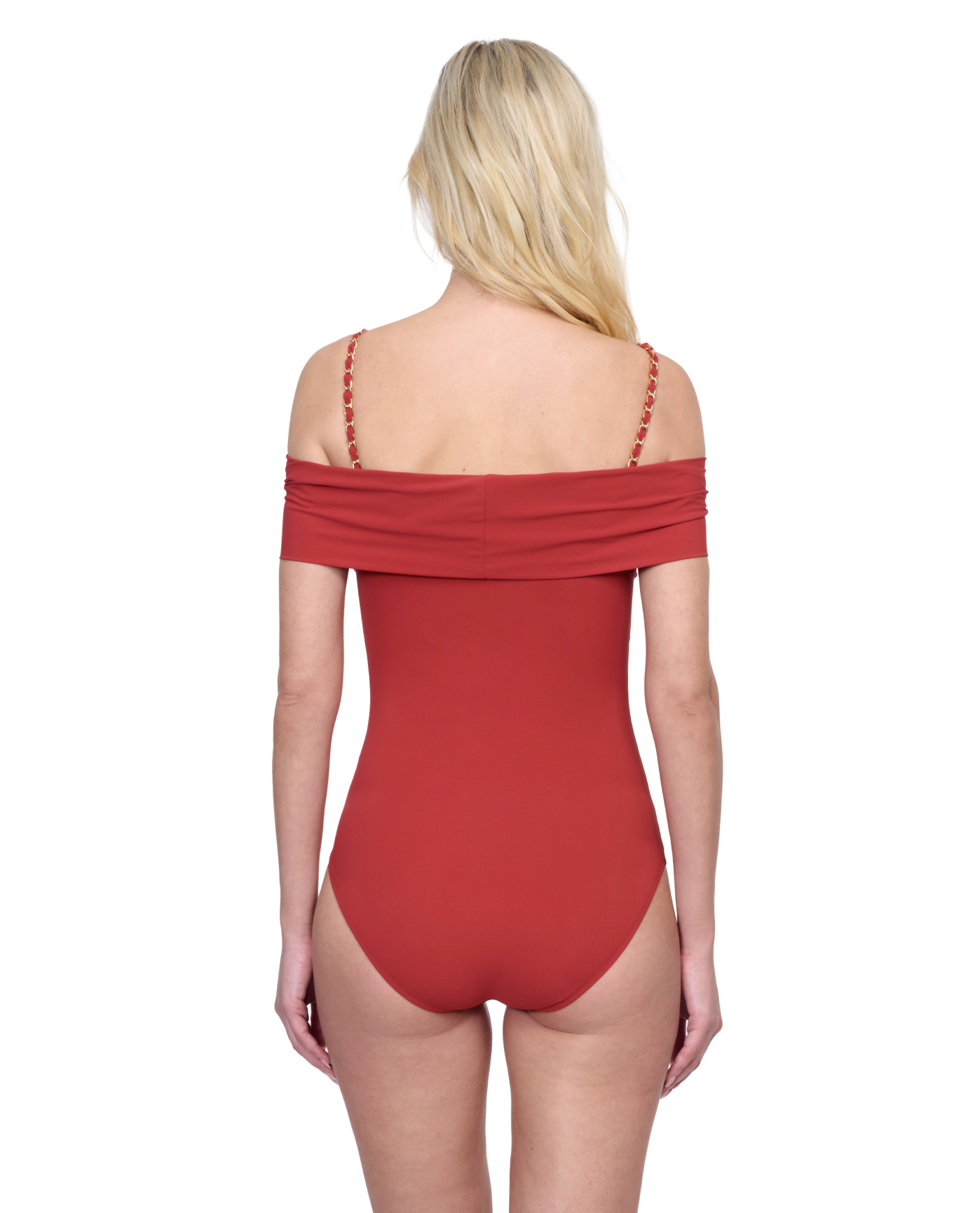 Back View Of Gottex Montecarlo Off Shoulder with buttons details One Piece Swimsuit | Gottex Montecarlo Paprika