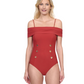 Front View Of Gottex Montecarlo Off Shoulder with buttons details One Piece Swimsuit | Gottex Montecarlo Paprika