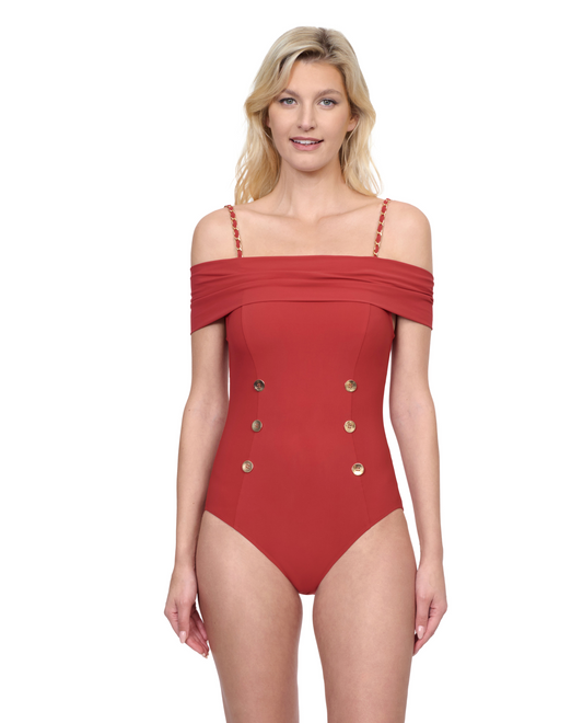 Front View Of Gottex Montecarlo Off Shoulder with buttons details One Piece Swimsuit | Gottex Montecarlo Paprika