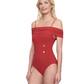 Side View Of Gottex Montecarlo Off Shoulder with buttons details One Piece Swimsuit | Gottex Montecarlo Paprika