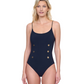 Front View Of Gottex Montecarlo Round Neck Lingerie Straps with button details One Piece Swimsuit | Gottex Montecarlo Black